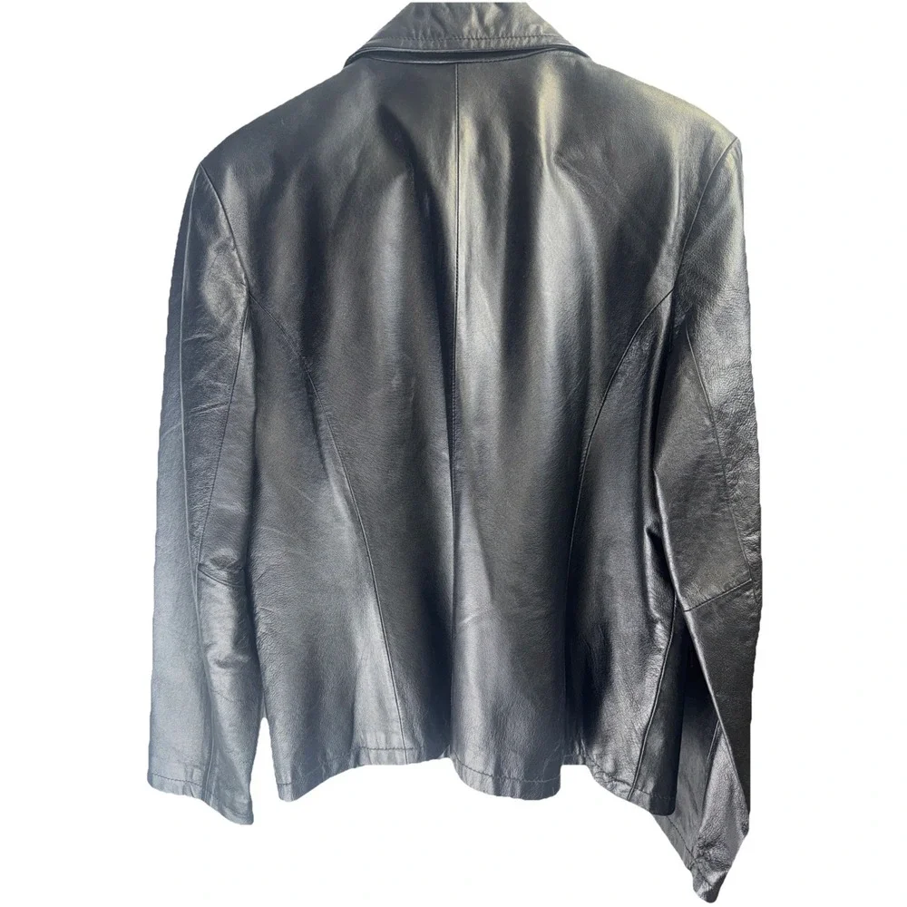 B. Moss - Black Leather Jacket Quilted Lining - Women's Large Button Front 😊‎